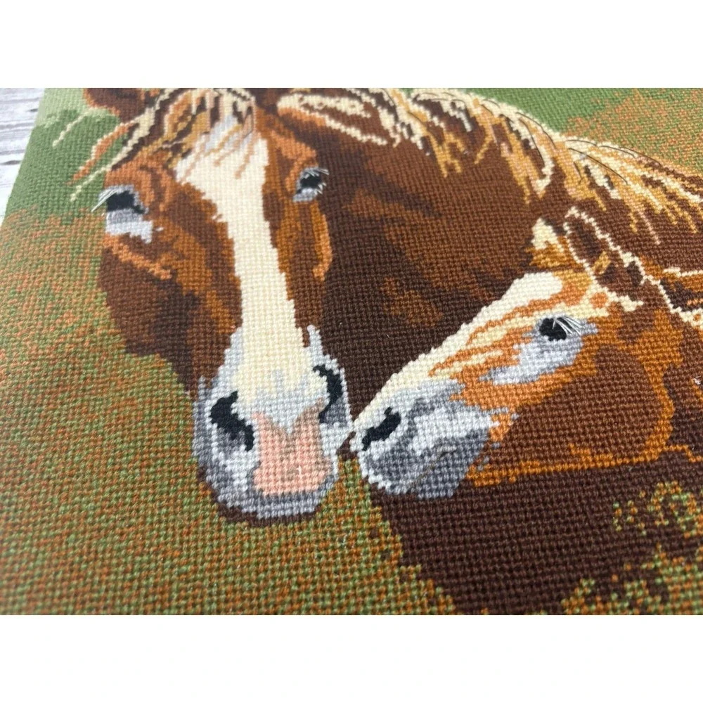 Vintage 80s Handmade Needlepoint Unframed Wall Art Wild Horses 12x14